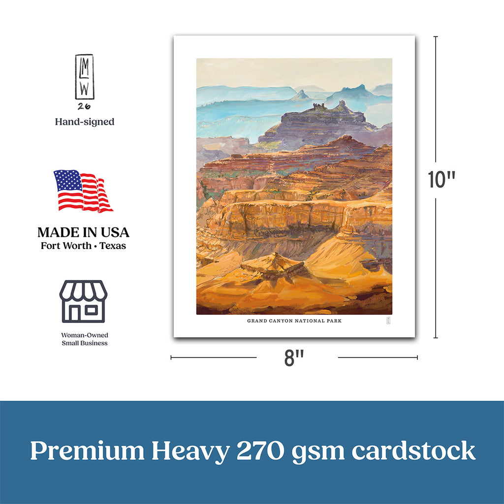 Poster of Grand Canyon National Park with dimensions and certification logos on a white background