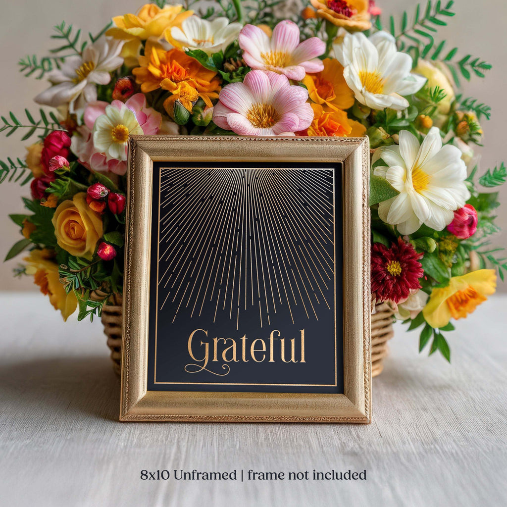 Framed grateful gold foil art with fresh flowers - elegant addition to gift baskets for women and thank you gifts