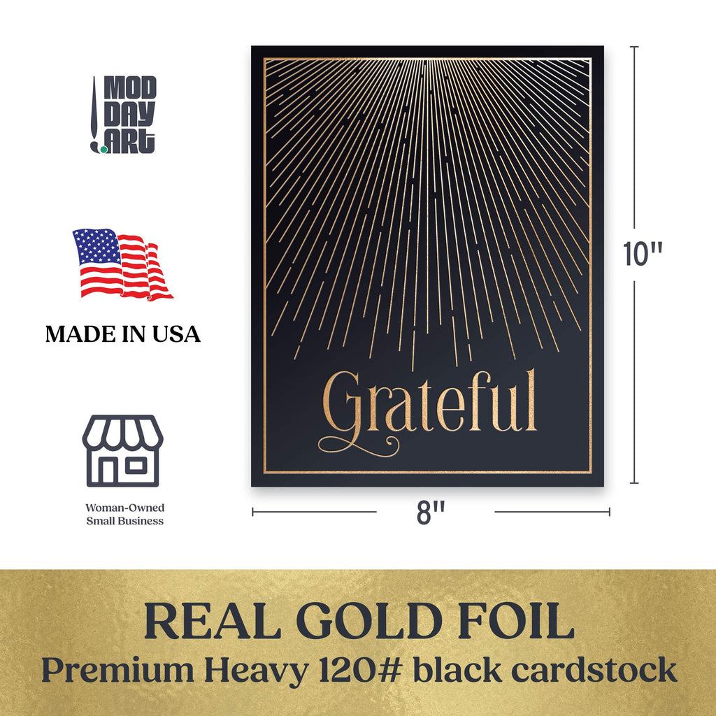 8x10 grateful gold foil art print specifications showing real gold foil stamping on 120# black cardstock - made in USA