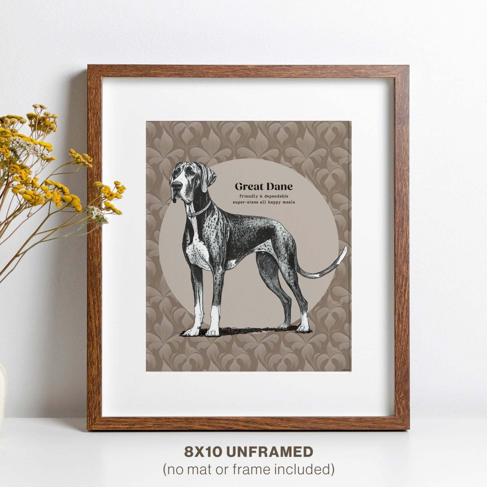 Great Dane wall art poster with black and white sketch and floral pattern background, unframed 8x10 inches.