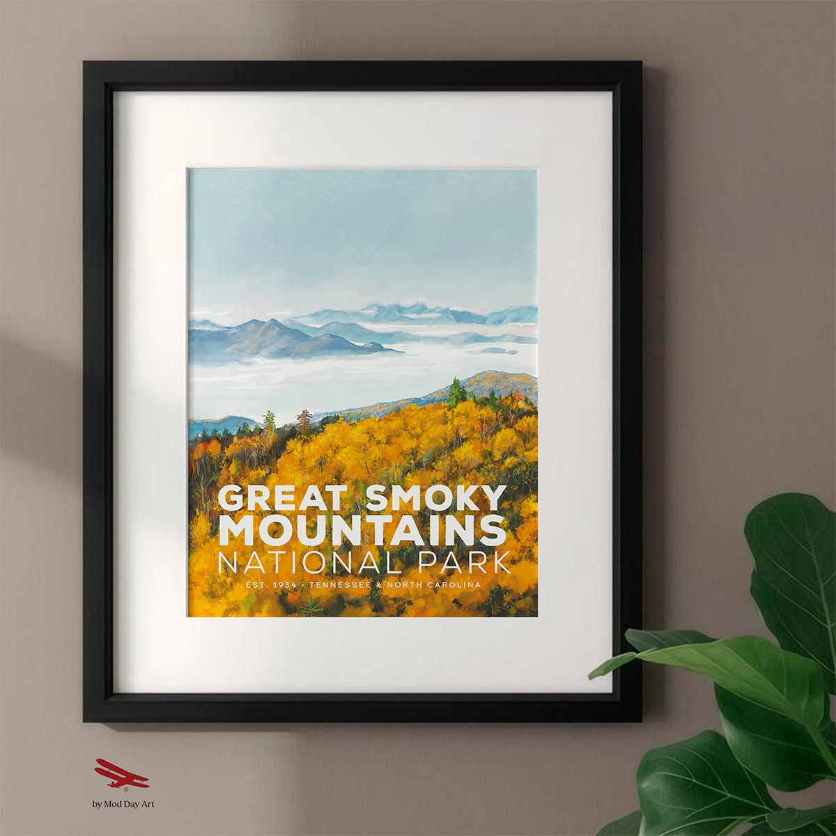 Framed poster of Great Smoky Mountains National Park with a scenic view and text.