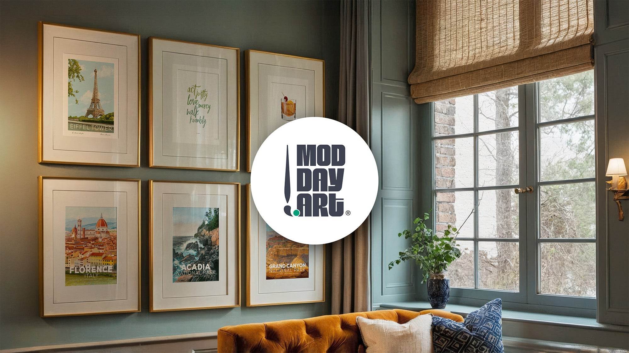 Framed modern day art on a wall with 'Mod Day Art' logo in a room with large windows.
