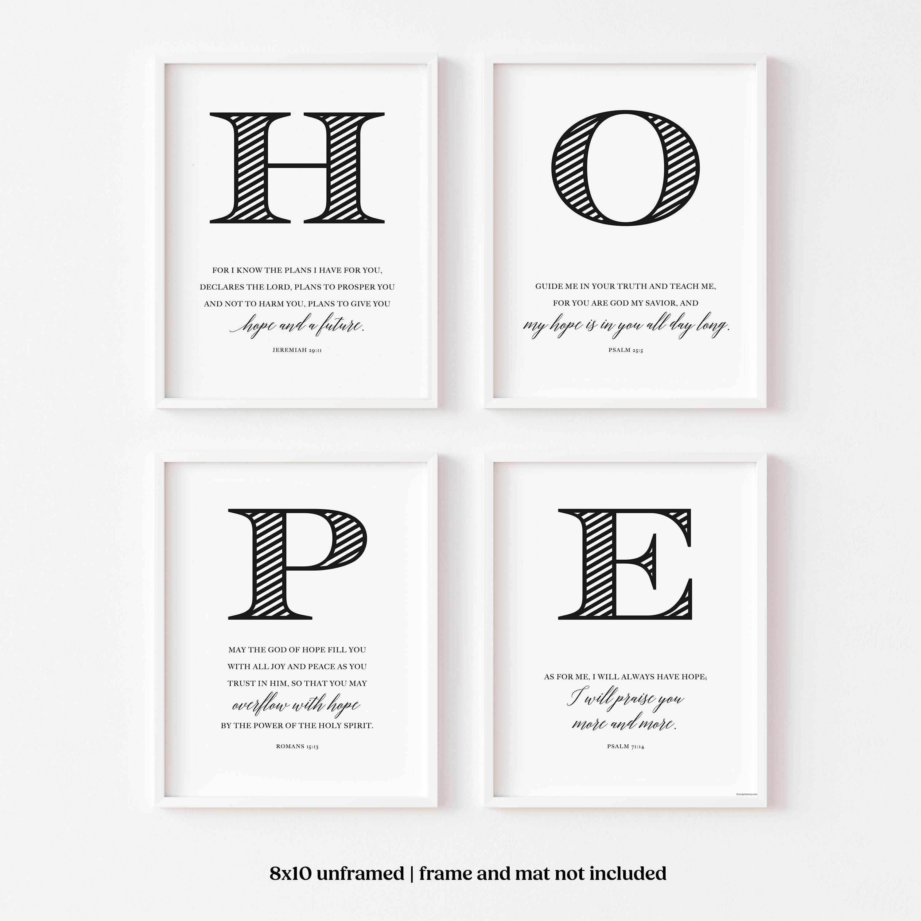 Hope Bible christian home decor on Recycled Cardstock, Engraved Style, 4-Piece Set, 8x10.