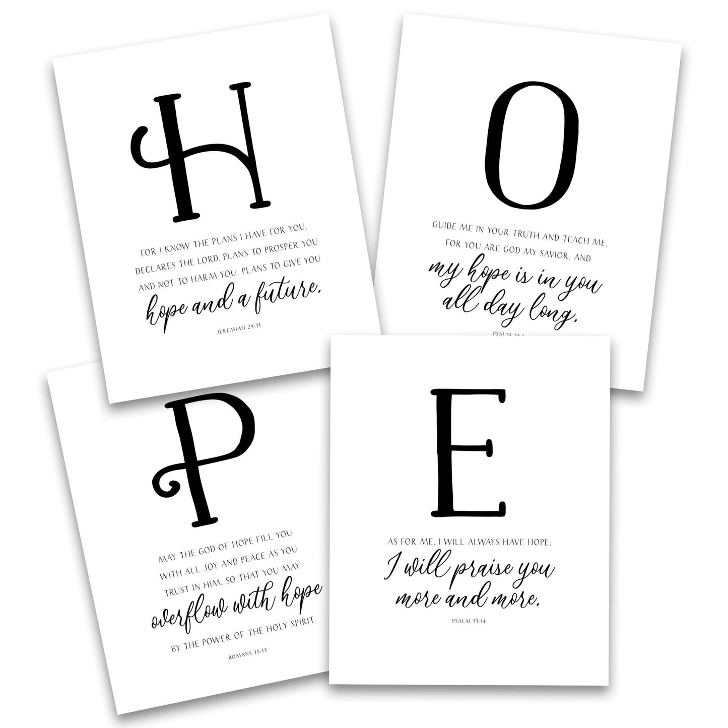 4-piece Hope Bible verses wall decor set with Jeremiah 29:11 and Romans 15:13, 8x10 inches.