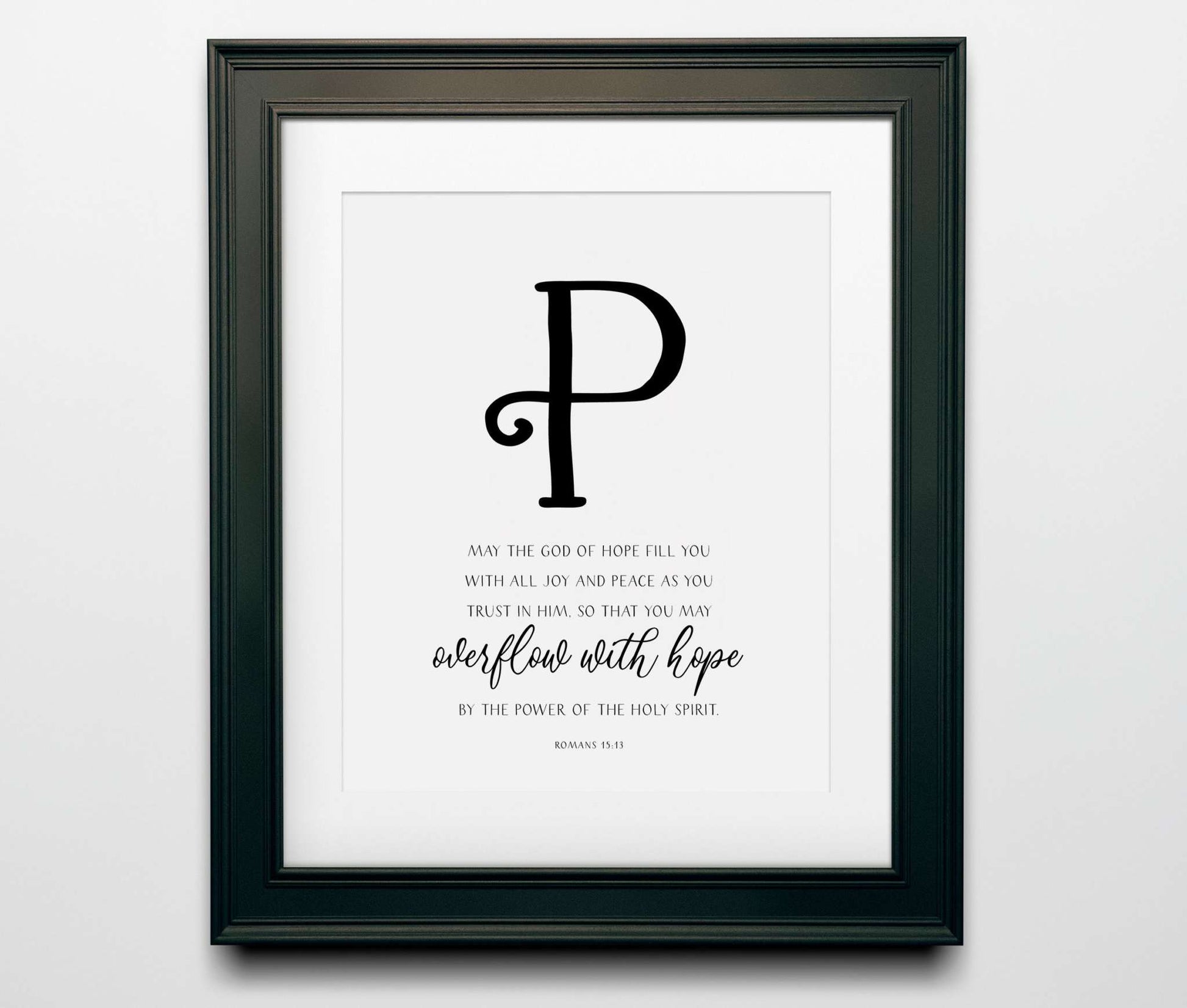 Christian wall decor featuring the letter "P" with Bible verse Romans 15:13, printed on textured cardstock.