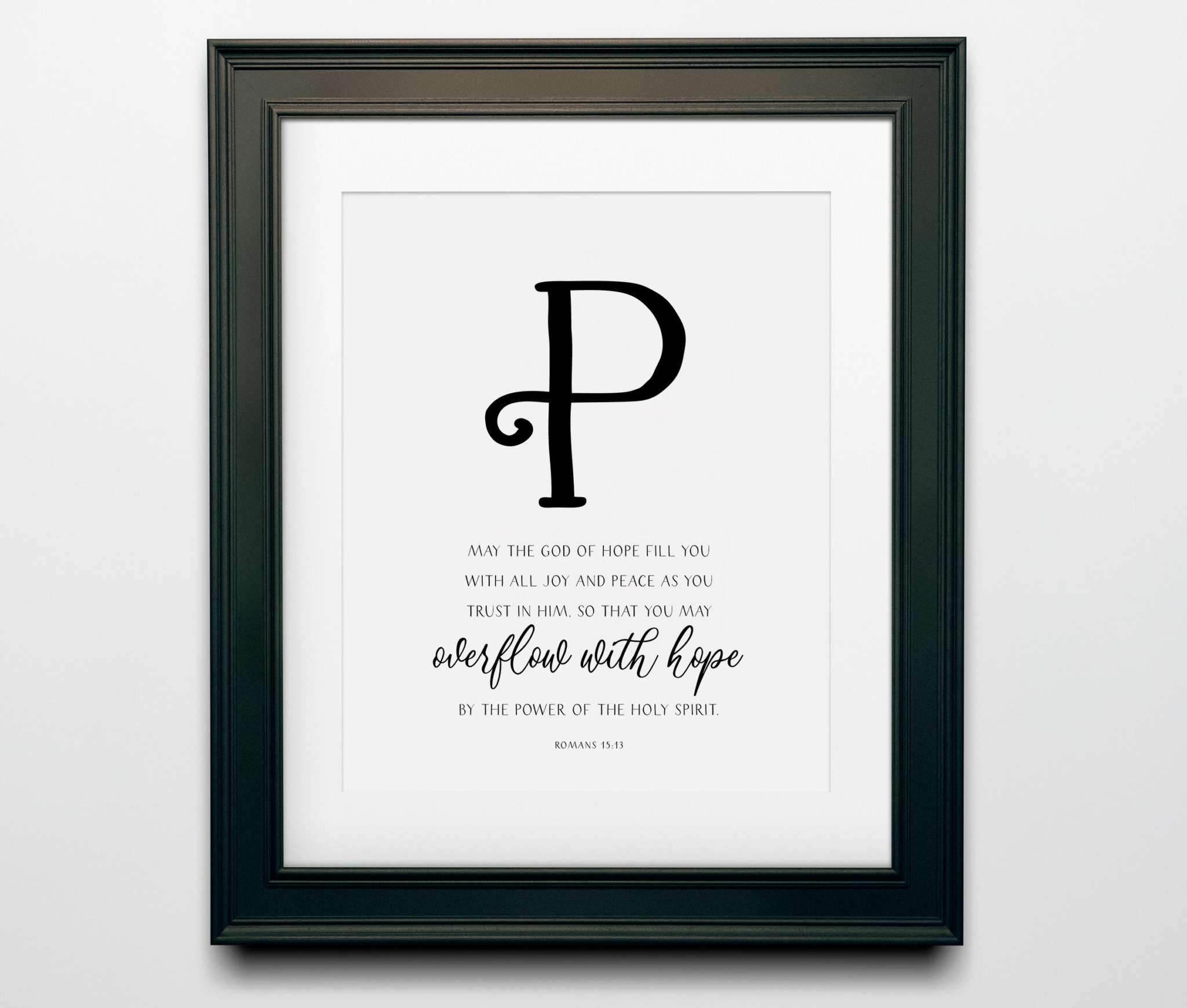 Christian wall decor featuring the letter "P" with Bible verse Romans 15:13, printed on textured cardstock.