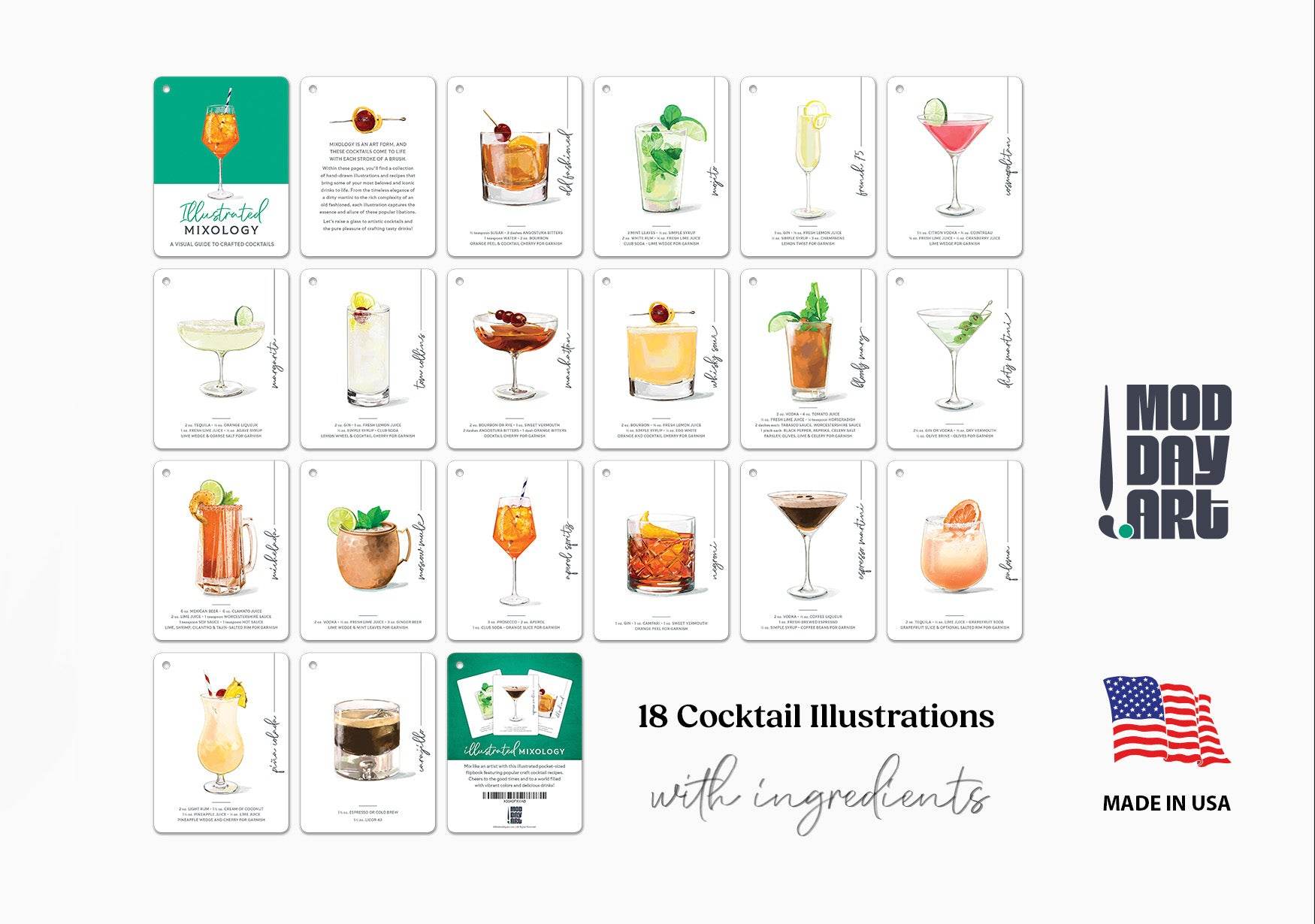 Set of cocktail recipe illustrations with ingredients on a white background, featuring Mod Day Art branding.