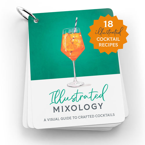 'Illustrated Mixology' cocktail recipe cards with an Aperol Spritz illustration on a green and white background.
