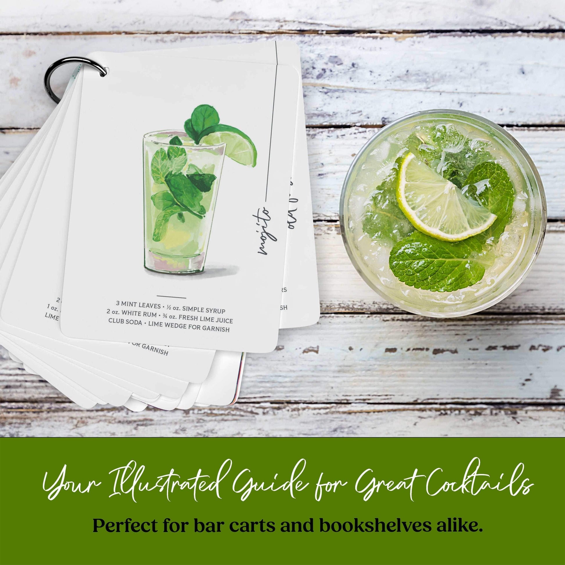 Illustrated cocktail flashcards for bar cart decor, featuring hand-drawn recipes on durable gloss card stock.