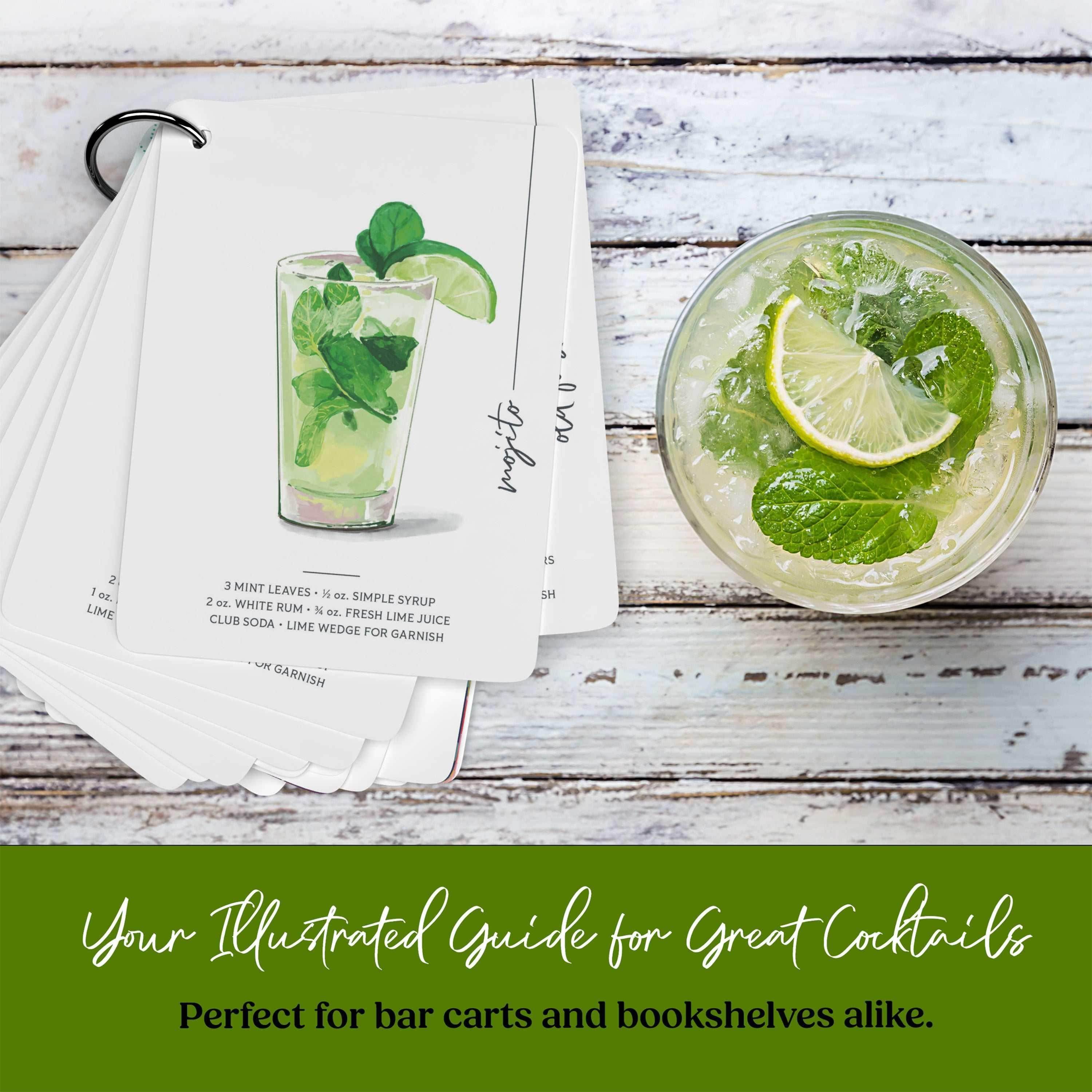 Illustrated cocktail flashcards for bar cart decor, featuring hand-drawn recipes on durable gloss card stock.