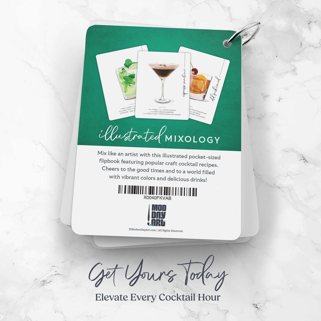 Illustrated Mixology Cocktail Flashcards on a marble surface with text promoting the product.
