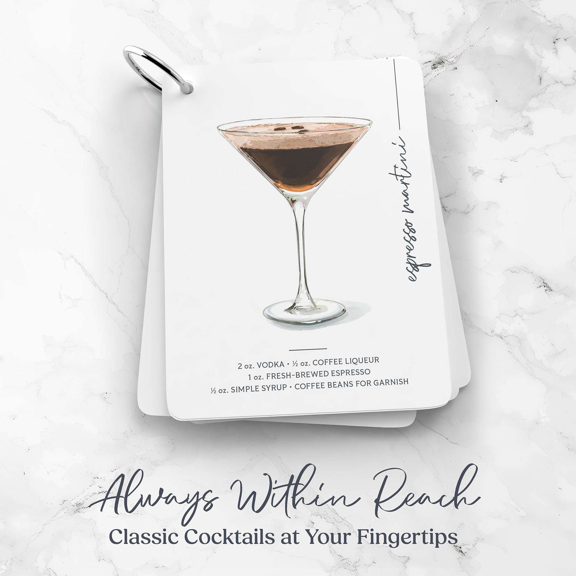 'Illustrated Mixology' Cocktail Flashcards for espresso martini on a marble surface