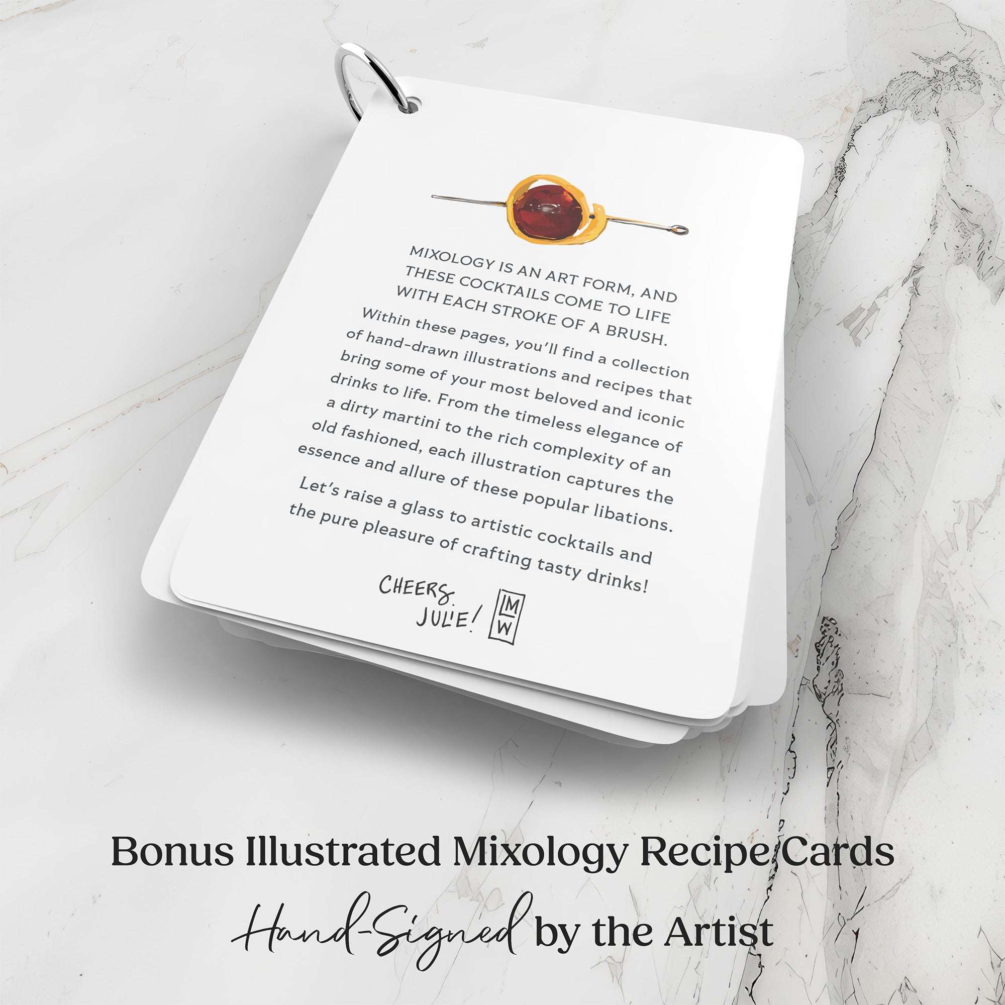 Hand-signed by the artist illustrated mixology recipe card on a marble surface with text and Mod Day Art branding.