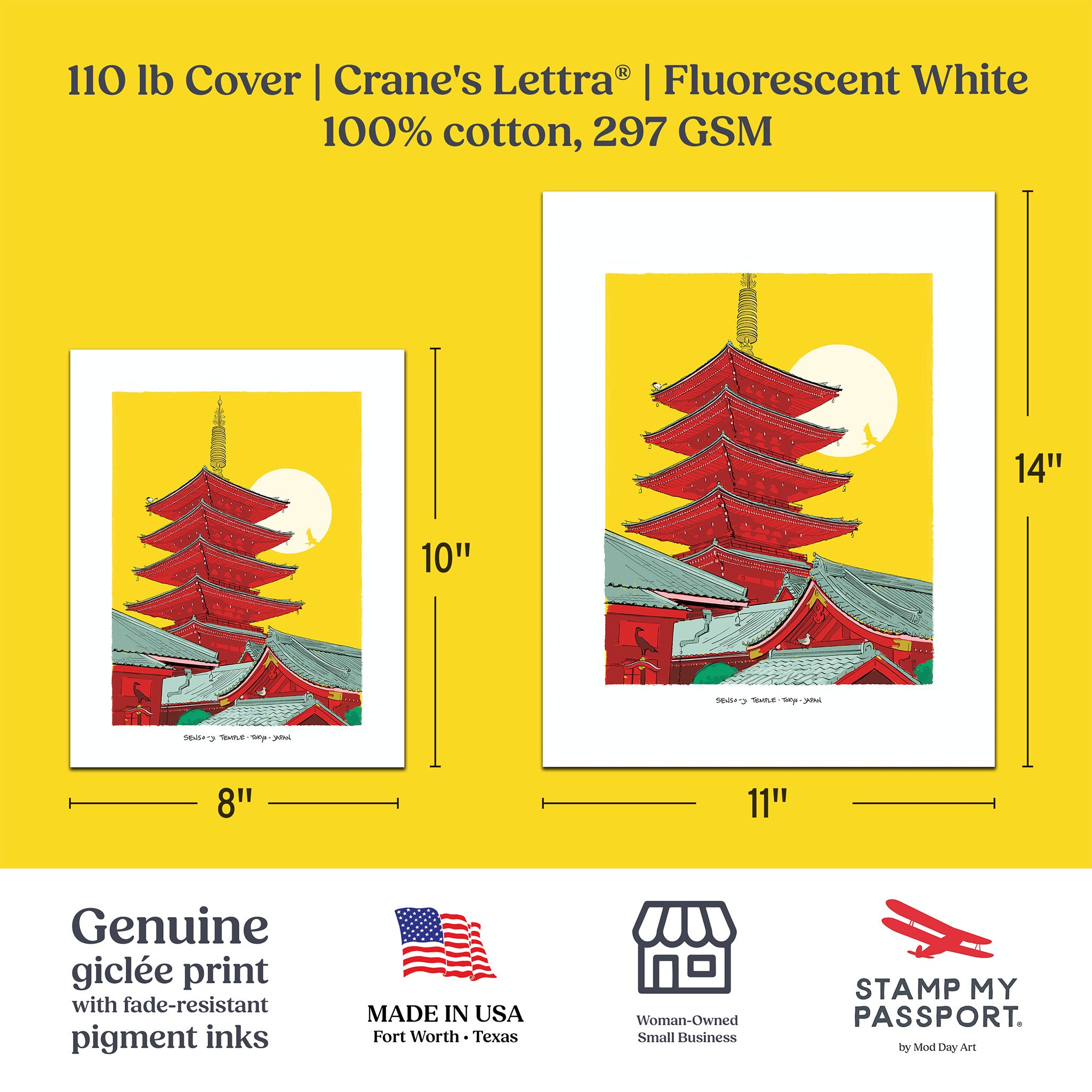 A product information graphic for a Crane's Lettra fluorescent white cotton cover print. The graphic shows the cover design of a Japanese pagoda on a bright yellow background, with dimensions for both a 8x10 inch and 11x14 inch layout, plus text stating '110 lb Cover | Crane's Lettra | Fluorescent White' and manufacturer badges at the bottom.