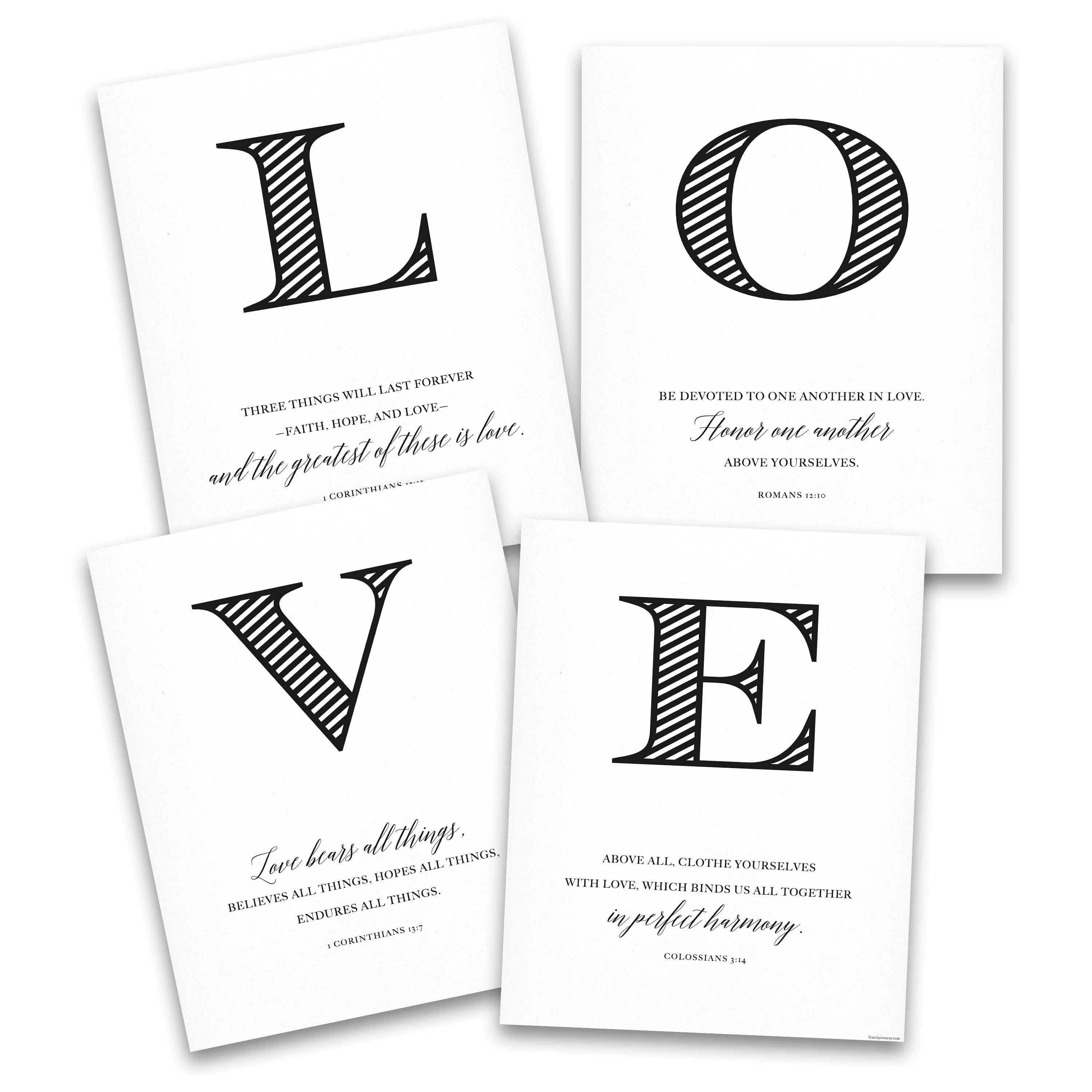 Bible Scripture Wall Art set with LOVE quote posters, featuring modern typography and Bible verses, 8x10, unframed.