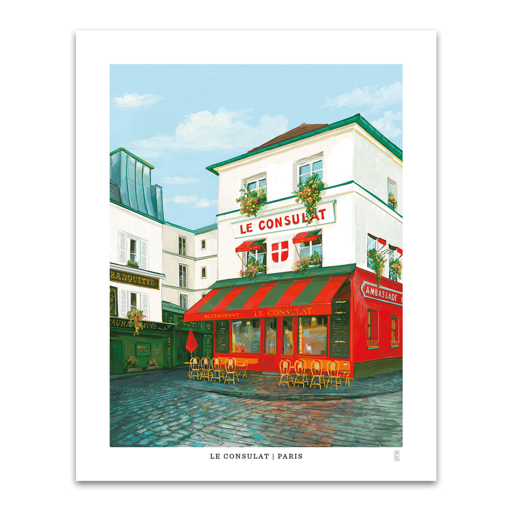 Illustration of a Parisian street scene with a café named 'Le Consulat'.
