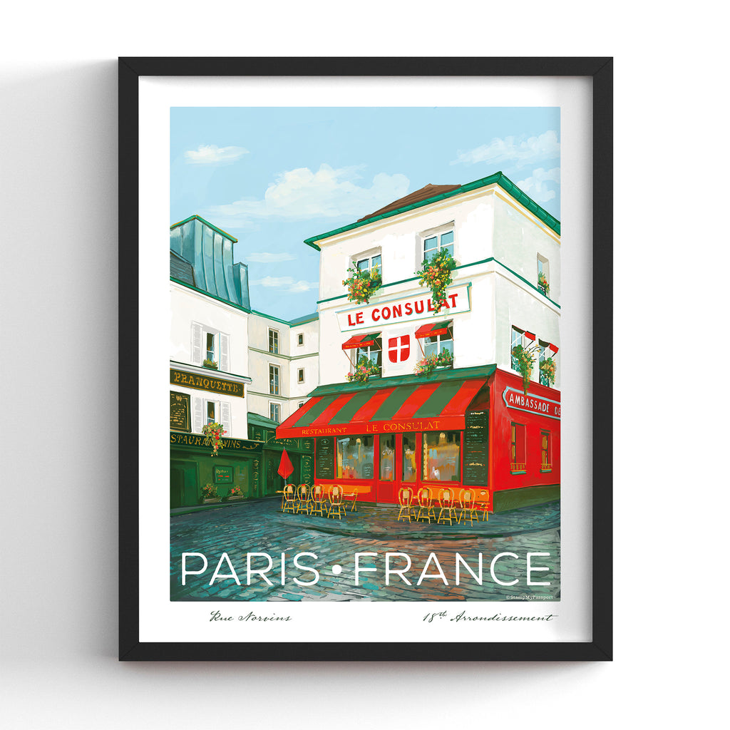 Le Consulat Paris café art print in a black frame (frame not included), hand-illustrated travel wall art, 8x10