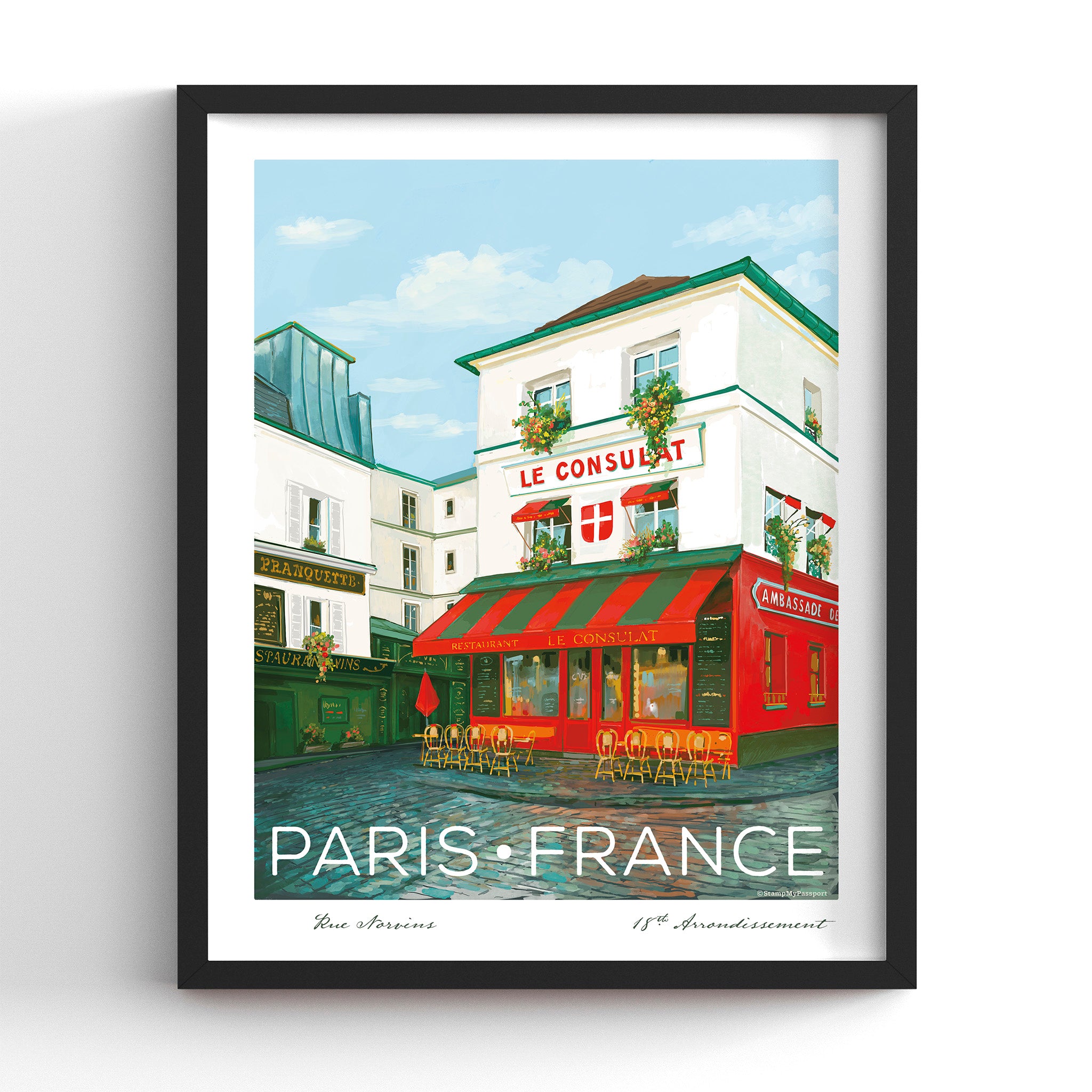 Le Consulat Paris café art print in a black frame (frame not included), hand-illustrated travel wall art, 8x10