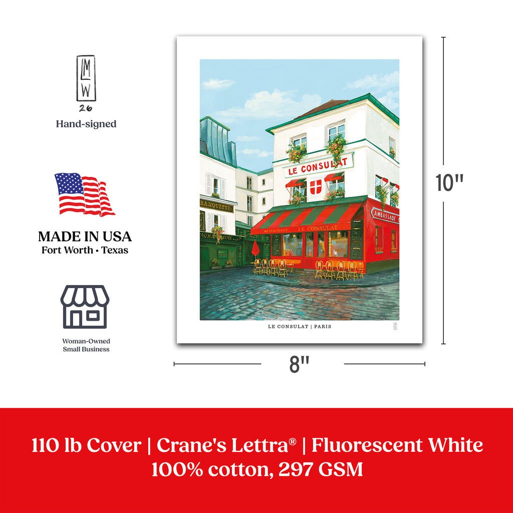 A product information graphic for a Crane's Lettra cotton art print showing Le Consulat café in Paris. The graphic displays two print sizes with dimension lines and labels: 8x10 inches and 11x14 inches.