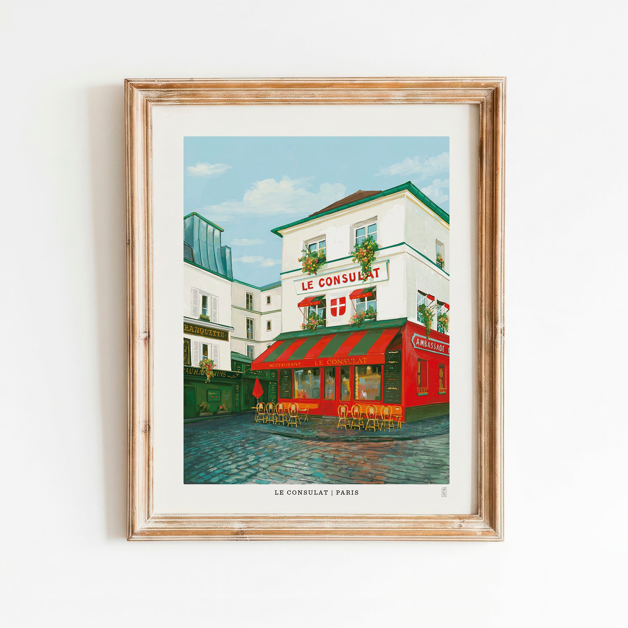 Hand-signed Le Consulat café art print from Paris, in a rustic frame (frame not included)