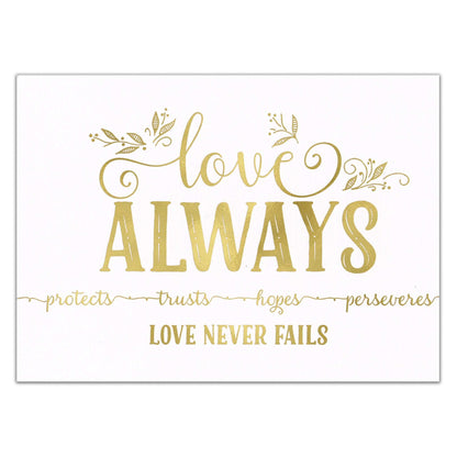 ‘Love Always, Love Never Fails’ Valentines art featuring a white linen cardstock with elegant gold foil accents. Featured image showcasing this timeless design