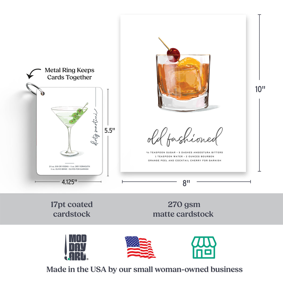 Size guide for the Curated Cocktail Bundle: 8 x 10 inch Old Fashioned print on 270 gsm matte cardstock next to a 4.125 x 5.5 inch Illustrated Mixology recipe card on 17pt coated cardstock, held on a metal ring. Made in the USA.