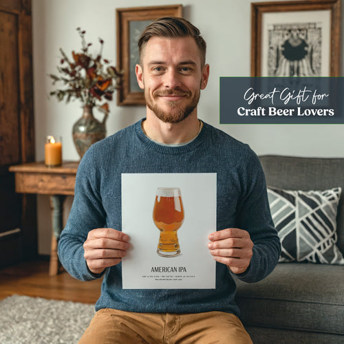 American IPA Beer Poster held by a smiling person, featuring hoppy craft beer art, perfect for home bar decor.