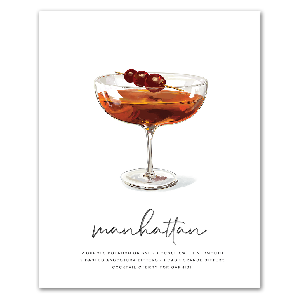 Manhattan hand-drawn cocktail recipe wall 8x10 inch art print for kitchen or home bar