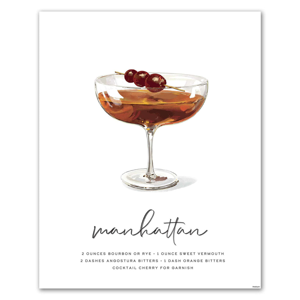 Manhattan recipe cocktail art featuring a coup glass of Manhattan and garnish on a white background