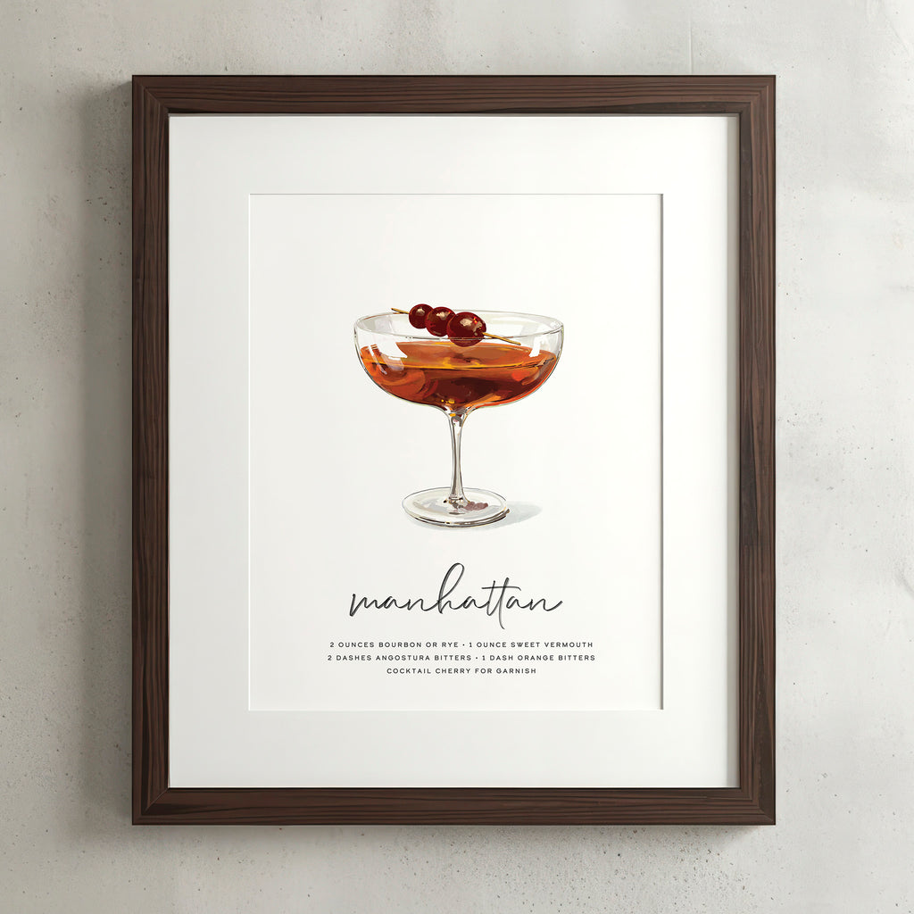 Manhattan cocktail wall art poster in a walnut frame, hand-drawn recipe illustration with Luxardo cherries, 8x10 print