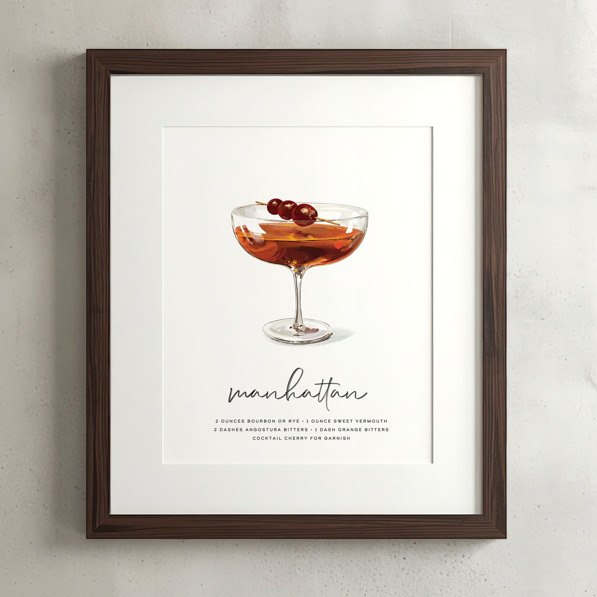 Manhattan cocktail wall art poster in a walnut frame, hand-drawn recipe illustration with Luxardo cherries, 8x10 print