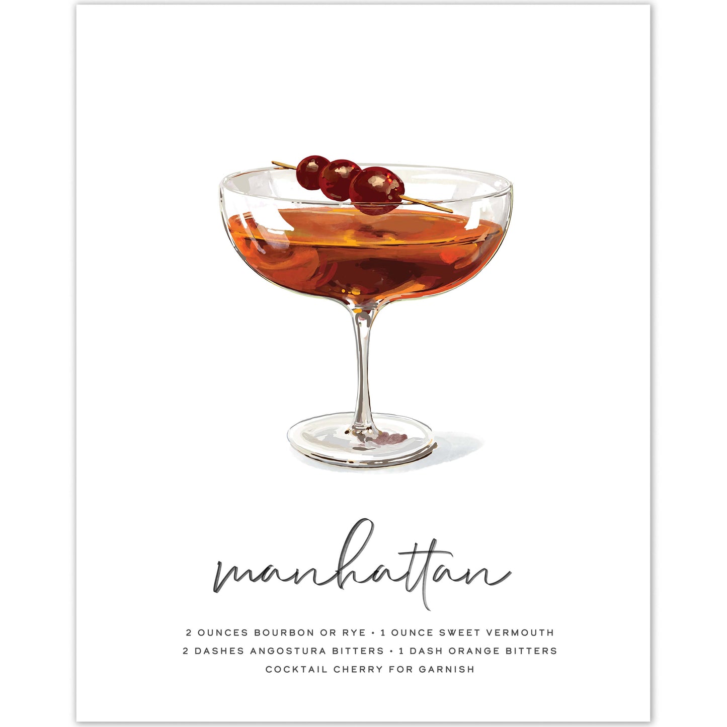 Manhattan cocktail wall art print with cherries garnish, 8x10 inches.