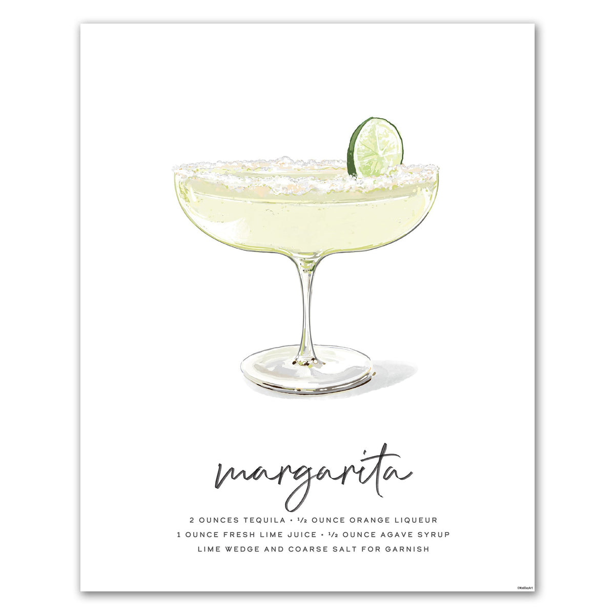 recipe cocktail art featuring  a glass of margarita and lime wedge on a white background
