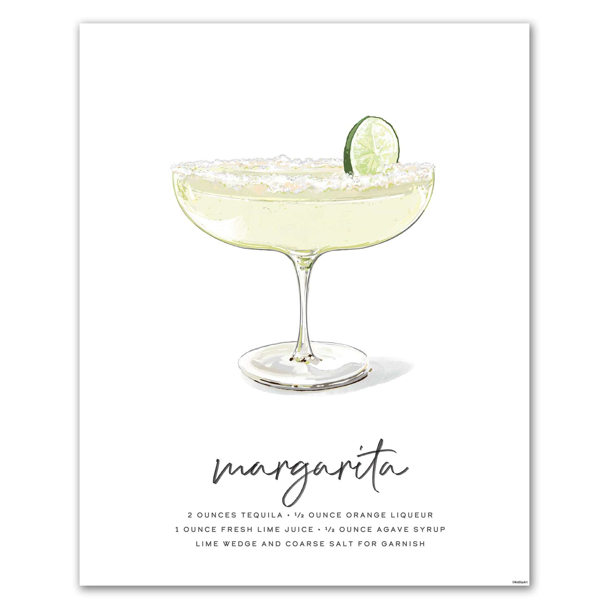 recipe cocktail art featuring  a glass of margarita and lime wedge on a white background