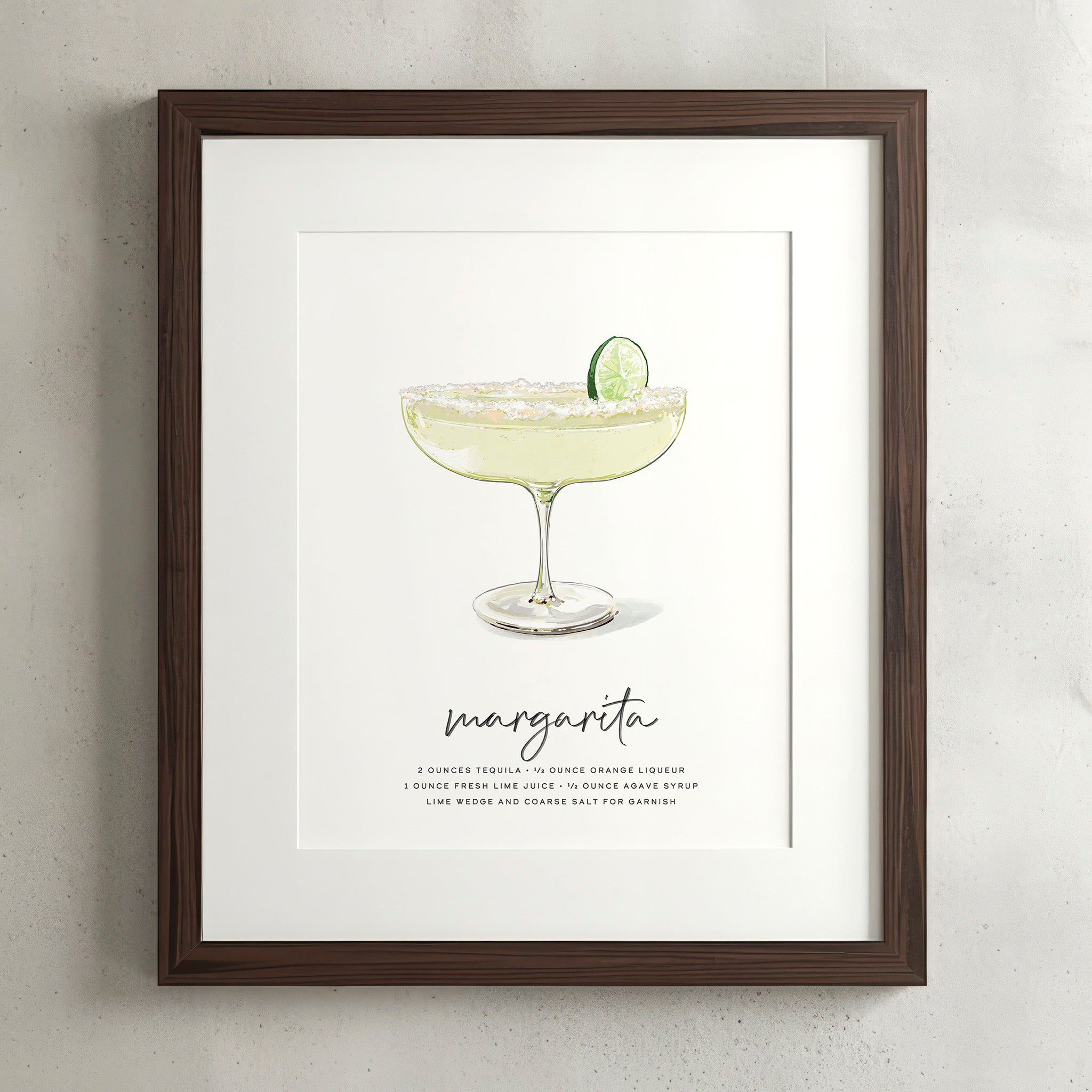 Margarita cocktail wall art poster in a walnut frame, hand-drawn recipe illustration, 8x10 print