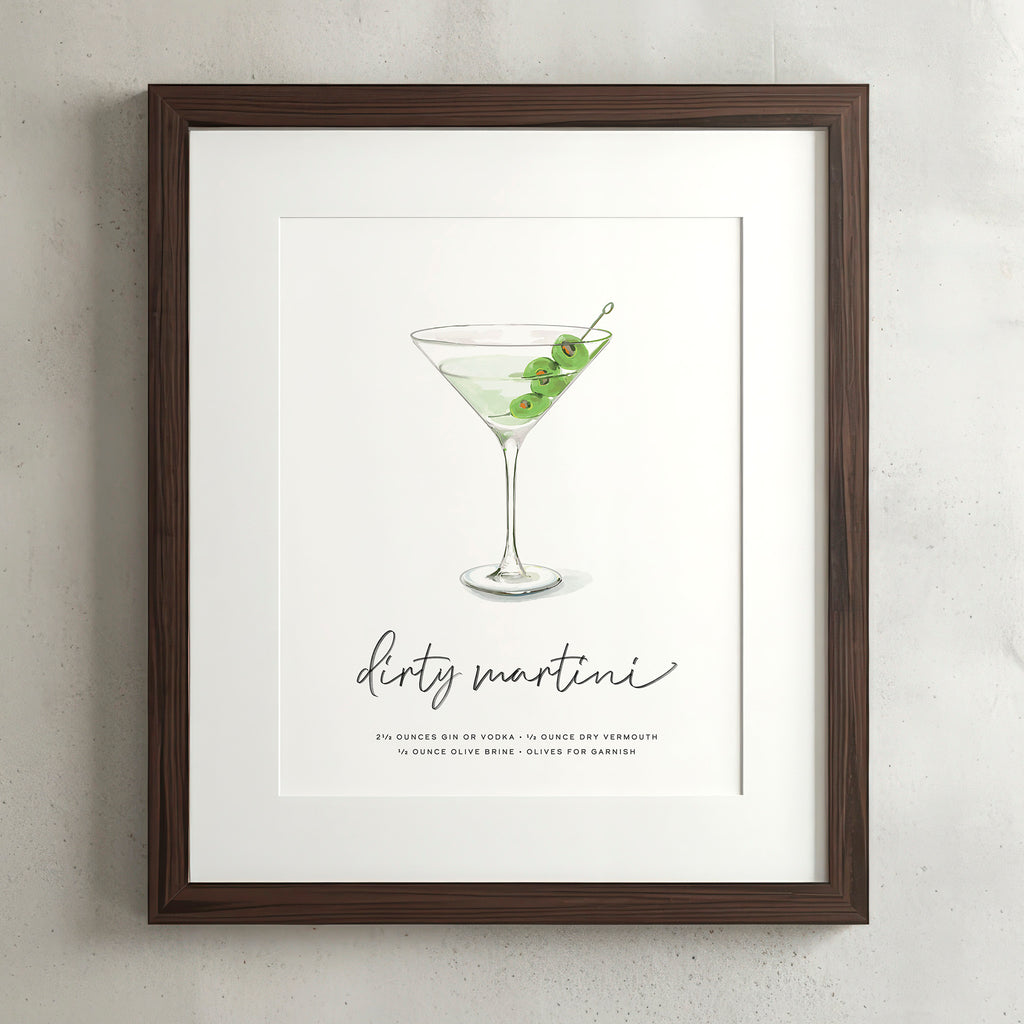 Dirty Martini cocktail wall art poster in a walnut frame, hand-drawn recipe illustration with olives, 8x10 print
