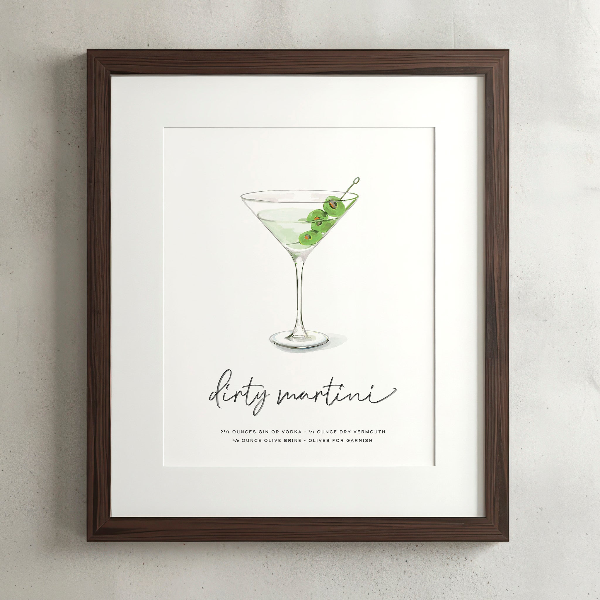 Dirty Martini cocktail wall art poster in a walnut frame, hand-drawn recipe illustration with olives, 8x10 print