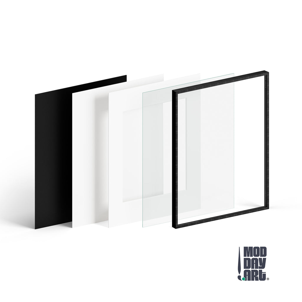 Exploded view of the black Premium Metal Picture Frame showing its layers: backing board, white mat, glass and the slim metal frame.