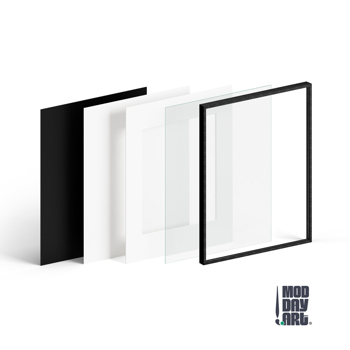 Exploded view of the black Premium Metal Picture Frame showing its layers: backing board, white mat, glass and the slim metal frame.