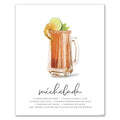 Michelada recipe poster art featuring an Illustration of a Michelada cocktail with ingredients listed on a white background