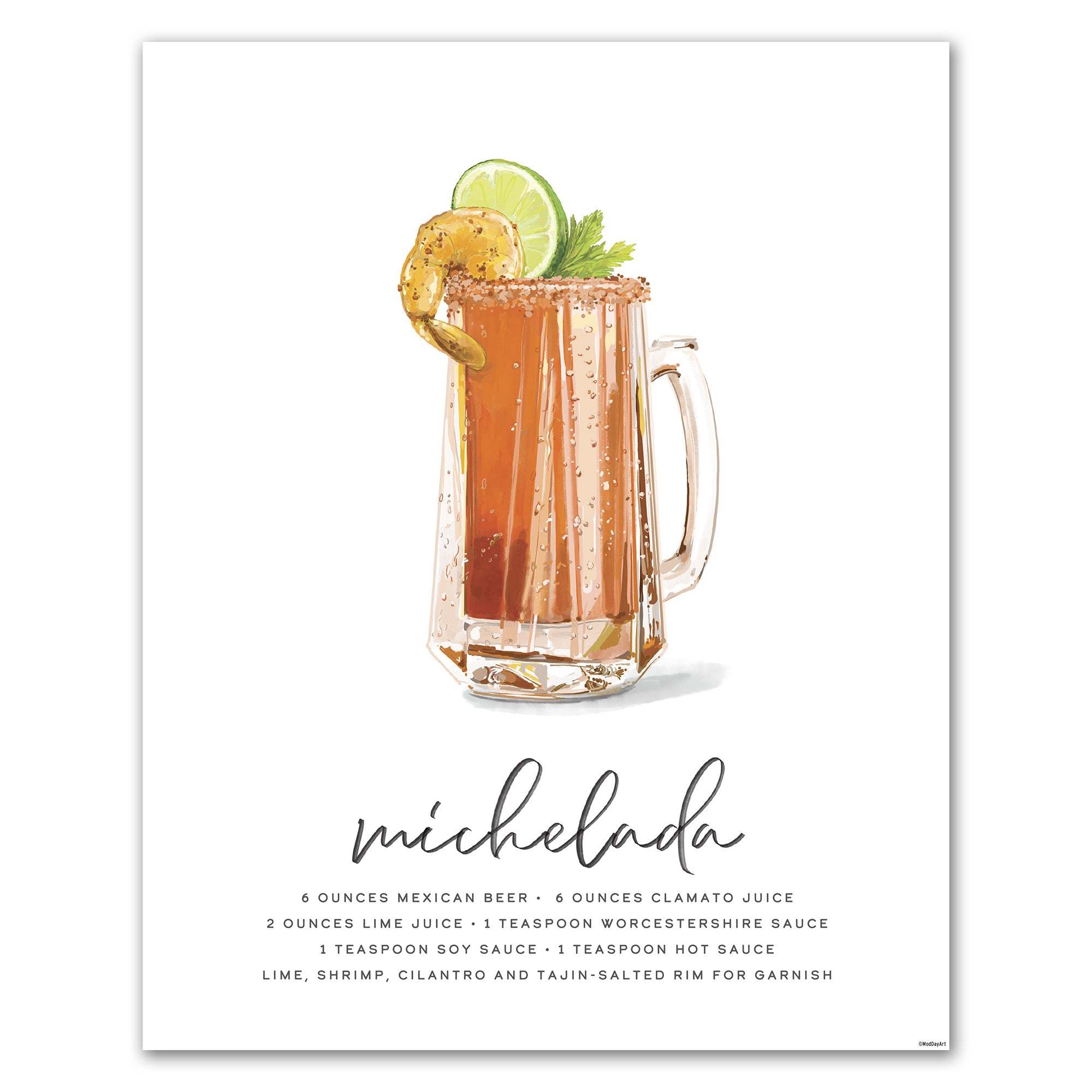 Michelada recipe cocktail art featuring an Illustration of a Michelada cocktail with ingredients listed on a white background