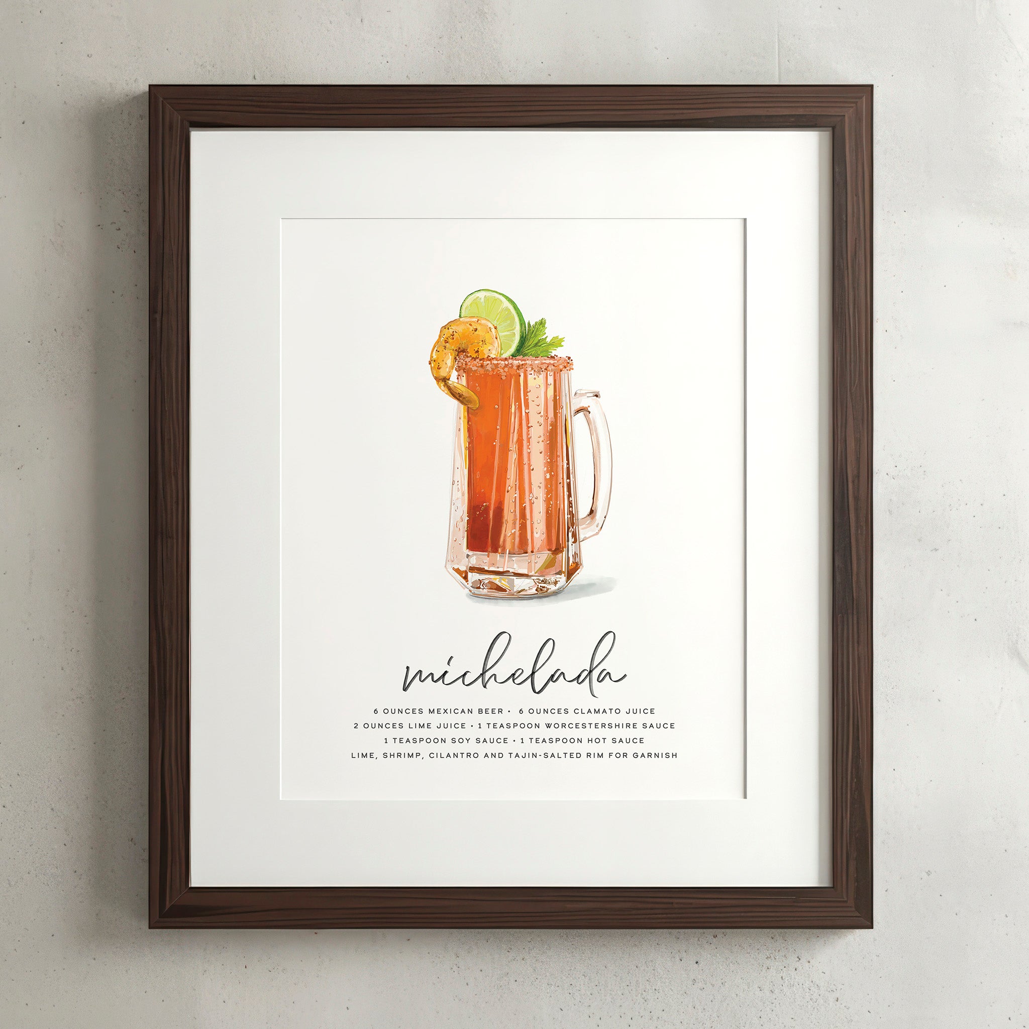 Michelada cocktail wall art poster in a walnut frame, hand-drawn recipe illustration, 8x10 print