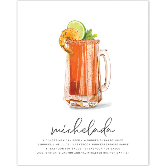 Michelada cocktail wall art with vibrant colors and Michelada recipe.