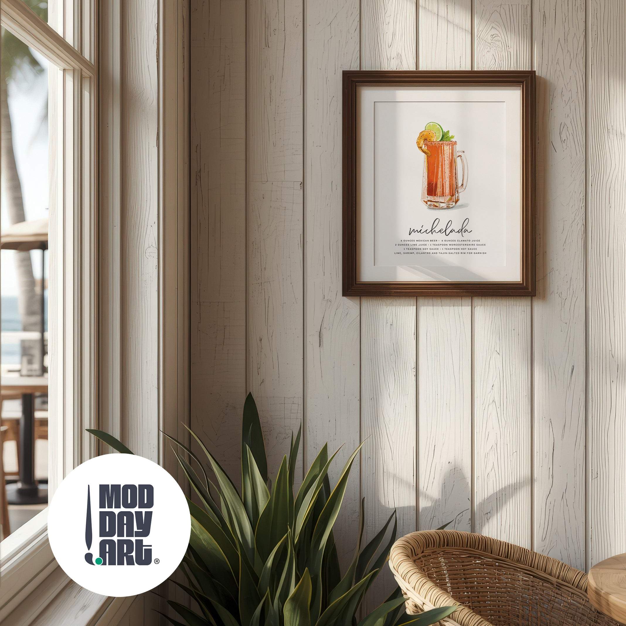 Framed artwork of a Michelada recipe cocktail wall art poster on a wooden wall with 'MOD DAY ART' logo.