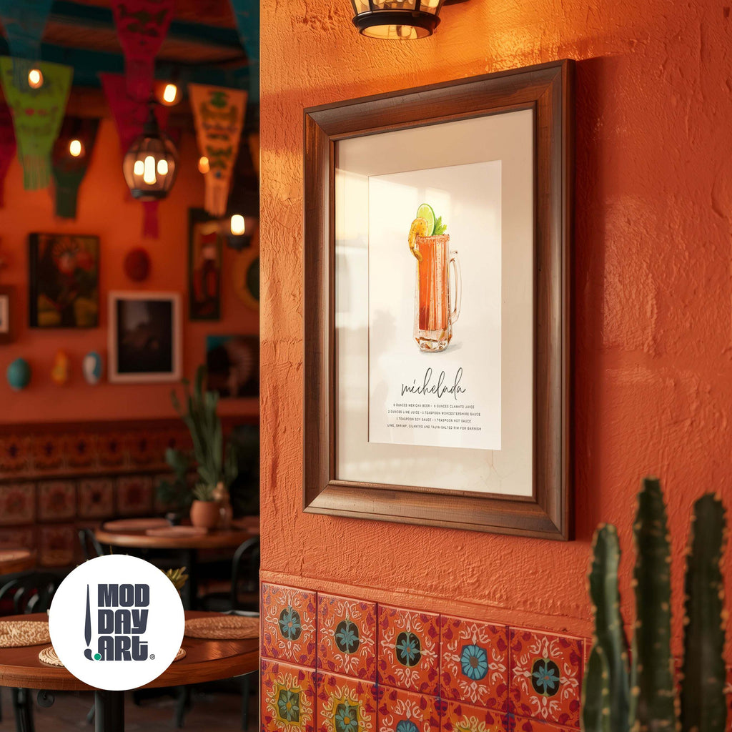 Framed Michelada recipe cocktail wall art poster on an orange wall with 'Mod Day Art' logo.