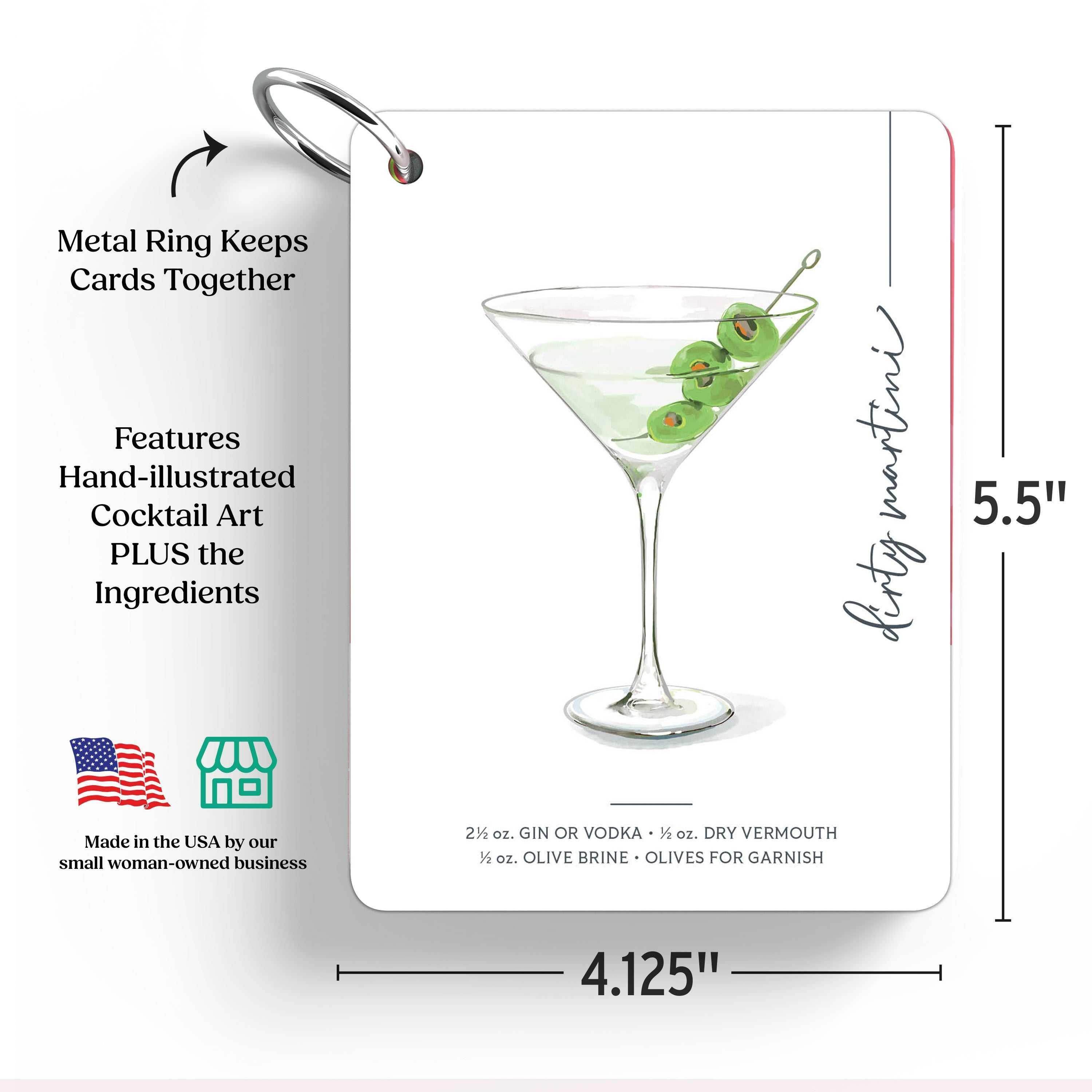 Illustrated Mixology cocktail flashcards with hand-drawn recipes and sleek metal ring for bar cart decor.