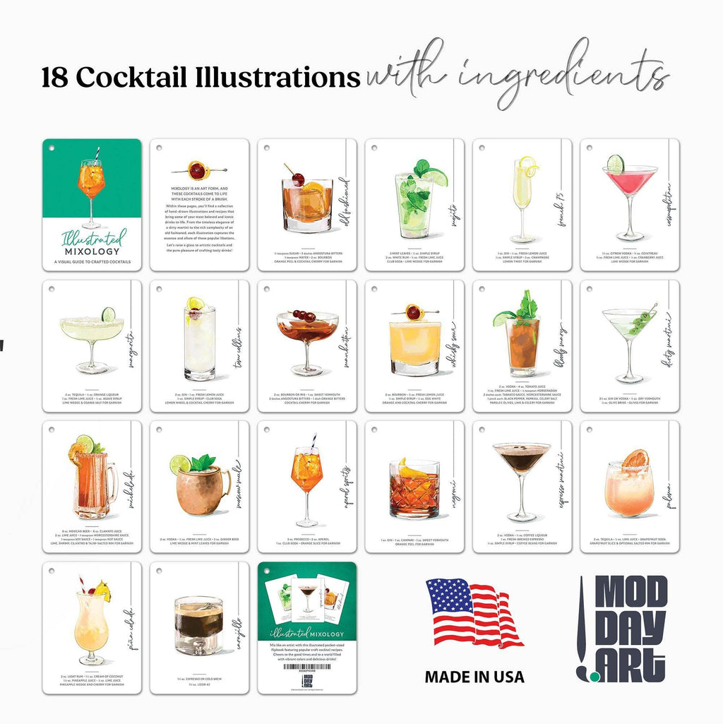 Set of 18 cocktail recipe cards with ingredients on a white background, featuring Mod Day Art branding.