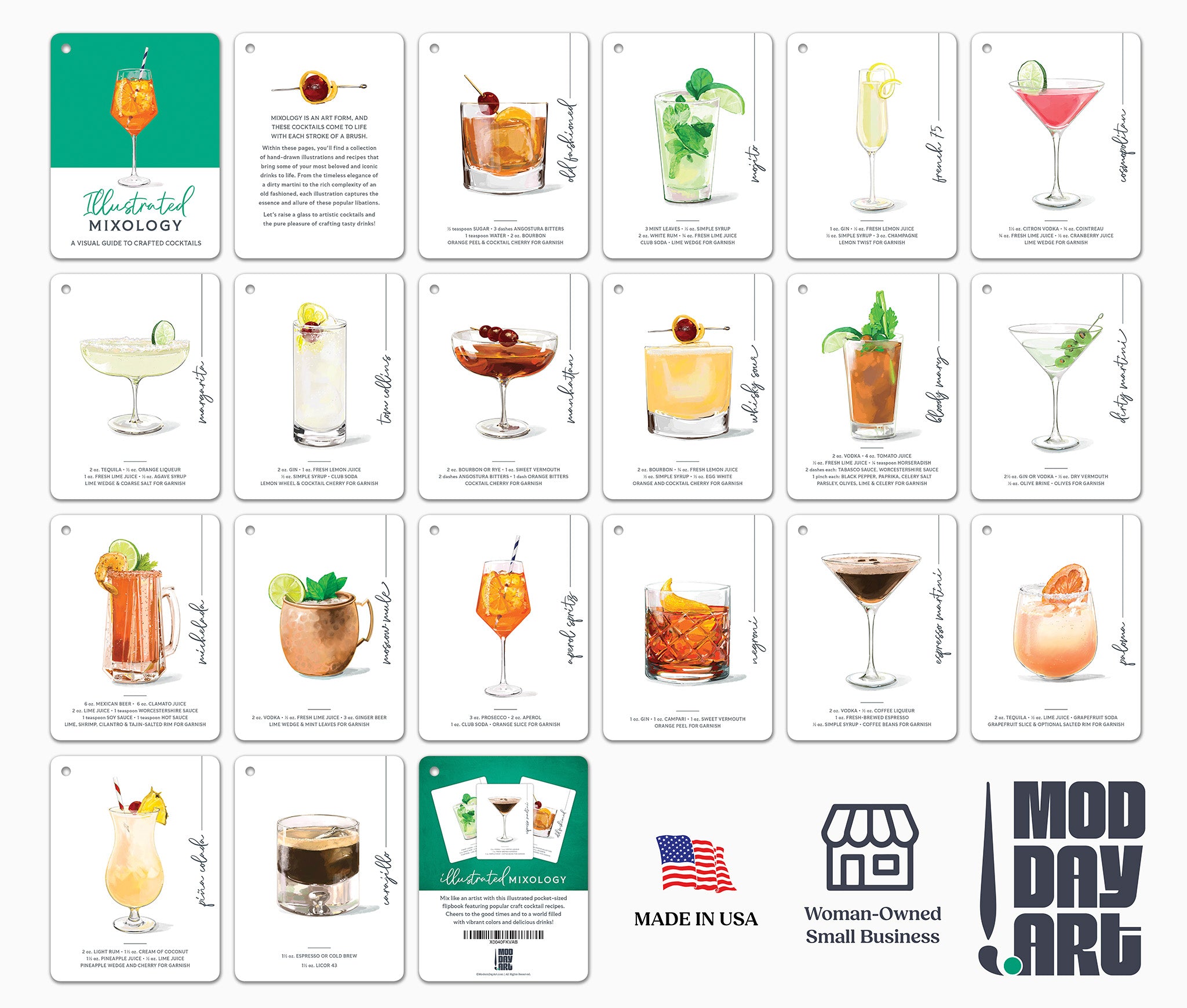 Set of Illustrated Mixology cocktail recipe cards with illustrations and names on a white background, featuring the brand 'Mod Day Art'.