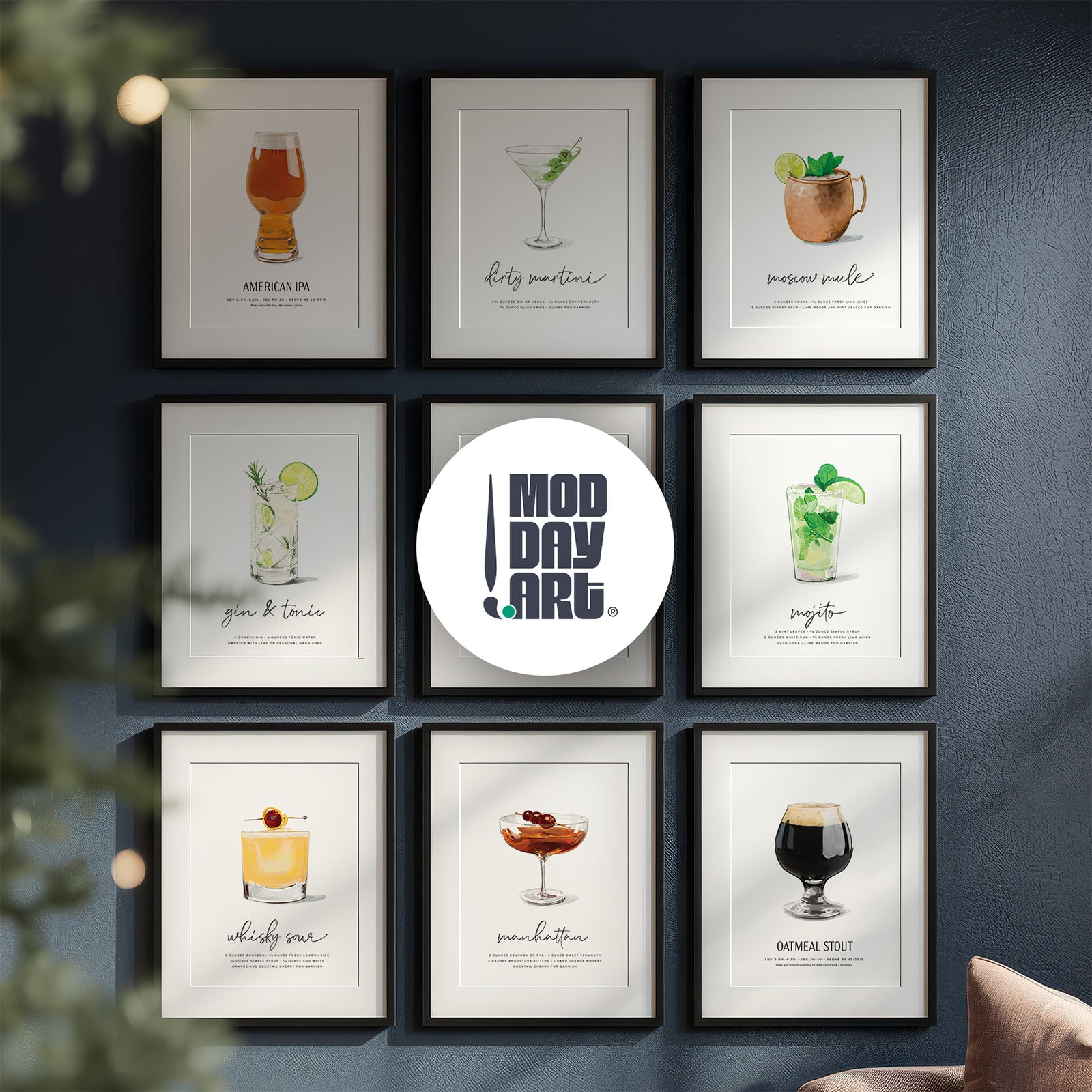 Nine framed cocktail wall art poster on a wall with 'Mod Day Art' logo.
