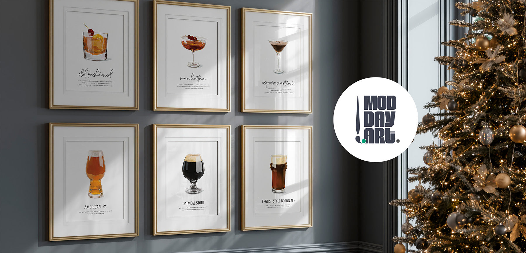 Framed Mod Day Art cocktail posters on a wall with a Christmas tree in the background, featuring the Mod Day Art logo.